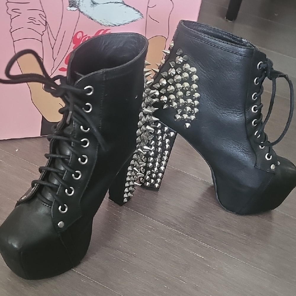 Jeffrey Campbell Black Lace-Up Platform Boots with Silver Spikes - Picture 7 of 16